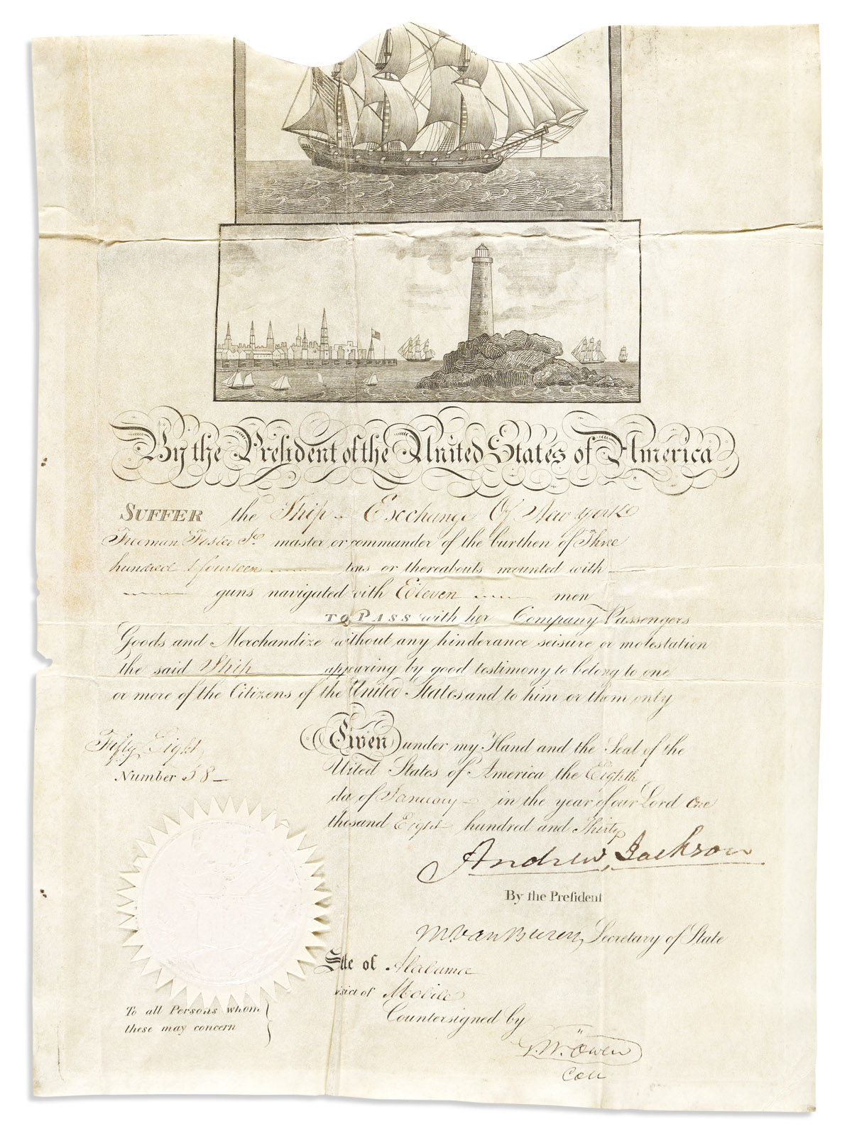 JACKSON, ANDREW. Partly-printed vellum Document Signed, as President,